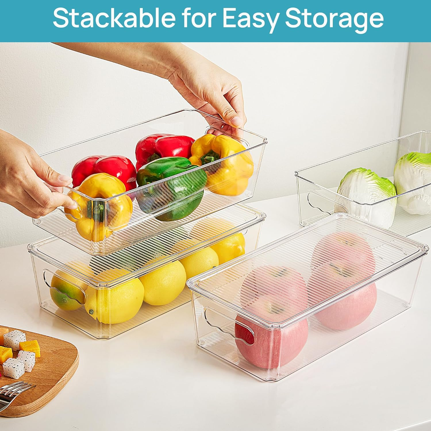 Vtopmart 8Pcs Clear Organizers and Storage Bins with Lids, Stackable Plastic Storage Containers with Handles for Fridge, Freezer, Pantry, Cabinet, Kitchen Organization and Storage image number 1