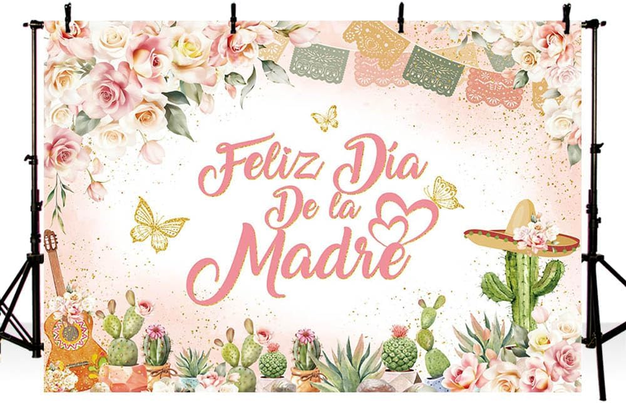 AIBIIN Feliz D&iacute;a De La Madre Backdrop Pastel Pink Floral Thank You Mom Party Decor Cactus Butterfly Best Mom Ever Party Banner Photo Props 7X5Ft image number 1