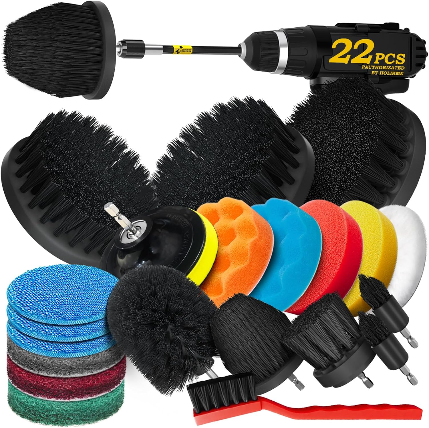 Holikme 20Pack Drill Brush Attachments Set, Scrub Pads & Sponge, Buffing Pads, Power Scrubber Brush with Extend Long Attachment, Car Polishing Pad Kit,Cleaning Supplies，Shower Scrub,Scratch Brushes