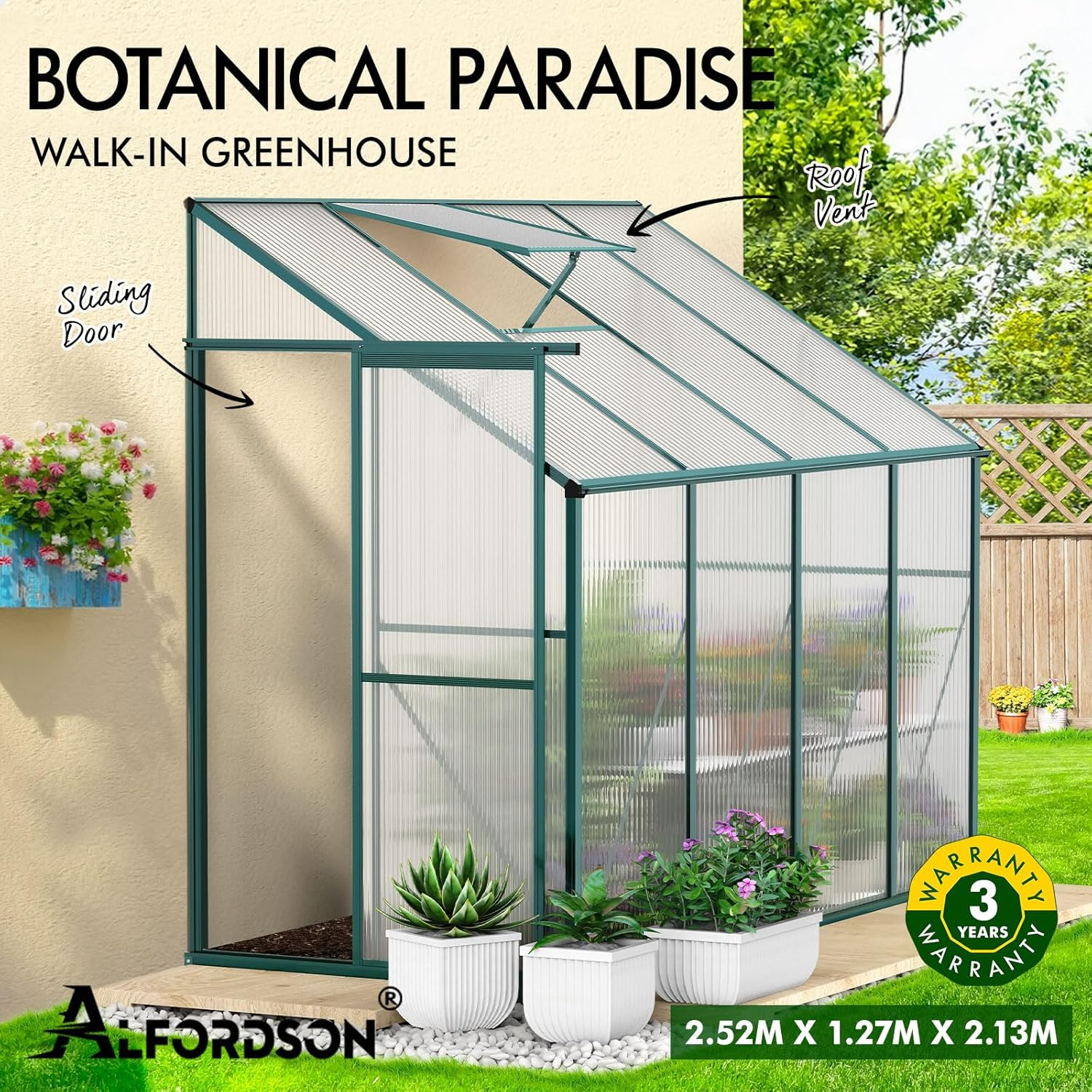 ALFORDSON Greenhouse Garden Transparent Shed with Sliding Door, Walk-In Tunnel Green House with Adjustable Roof Vent, Aluminium Steel Frame Grow Tent for Gardening Plant Flowers, 252X127X218Mm image number 4