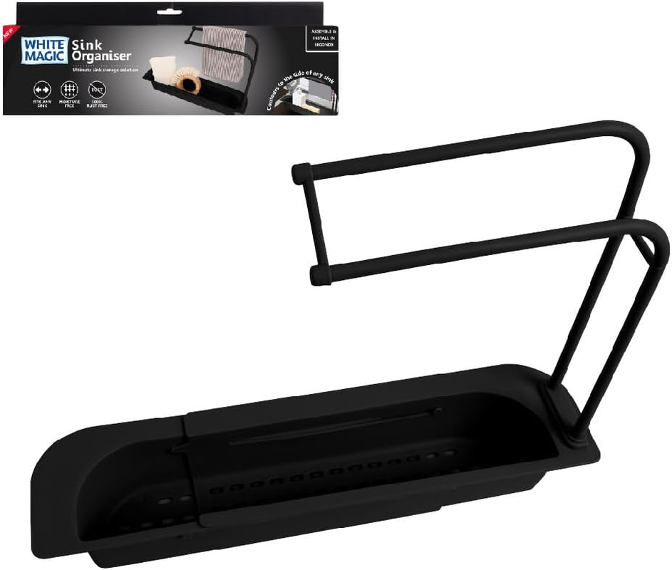 White Magic Sink Organiser Black - Adjustable 36-50Cm, Rust-Free with Recessed Compartments, Towel Bar, and Drainage for Dry, Clutter-Free Sink Storage. Easy to Assemble, Clean, and Built to Last image number 1