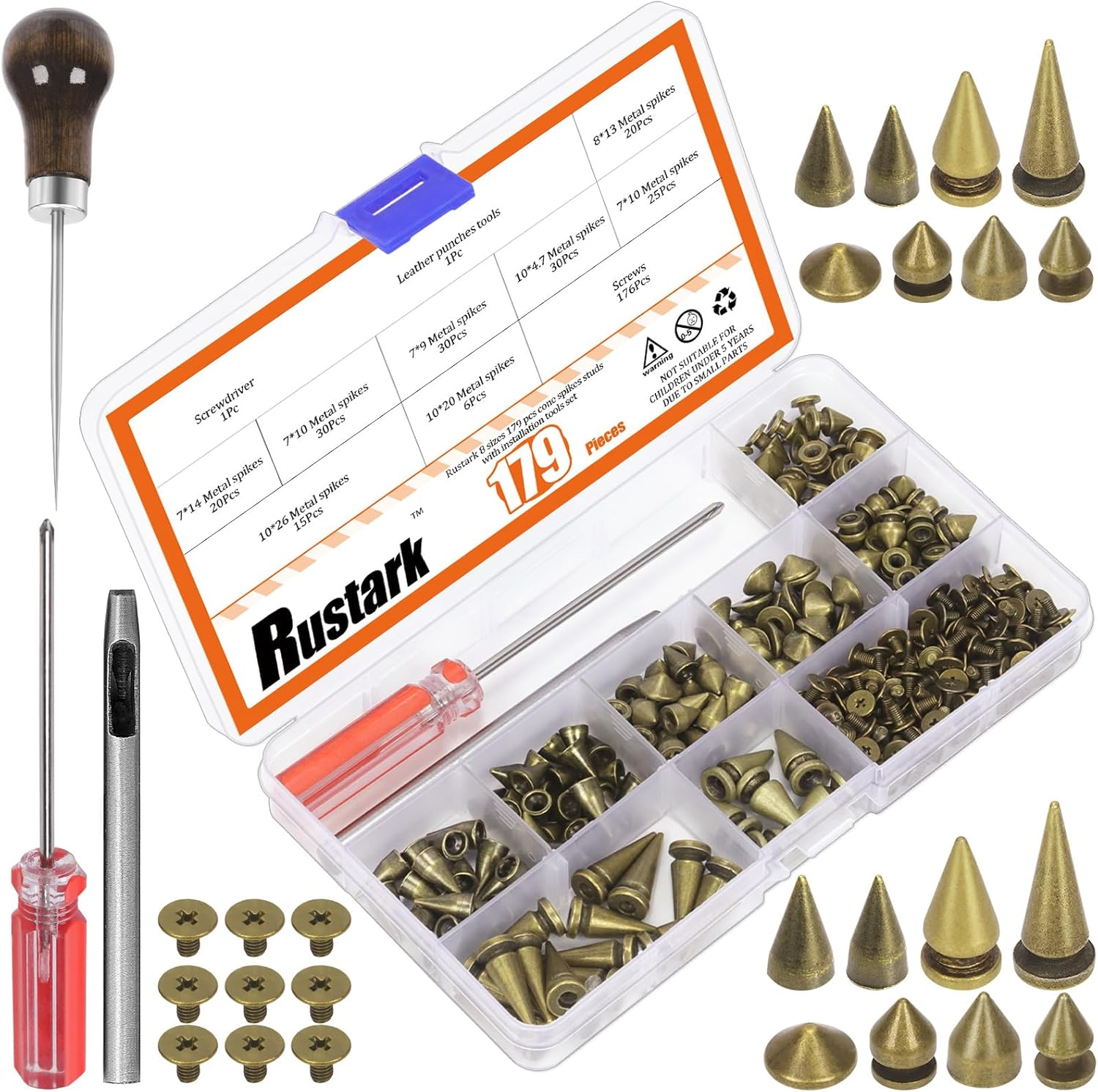 179Pcs 8 Sizes Antique Bronze Metal Punk Spikes and Studs Assortment Kit with Tools, Punk Rivet Studs Rivets Screw Screwback Studs Rivets for Punk Style Clothing Accessories Craft Decoration