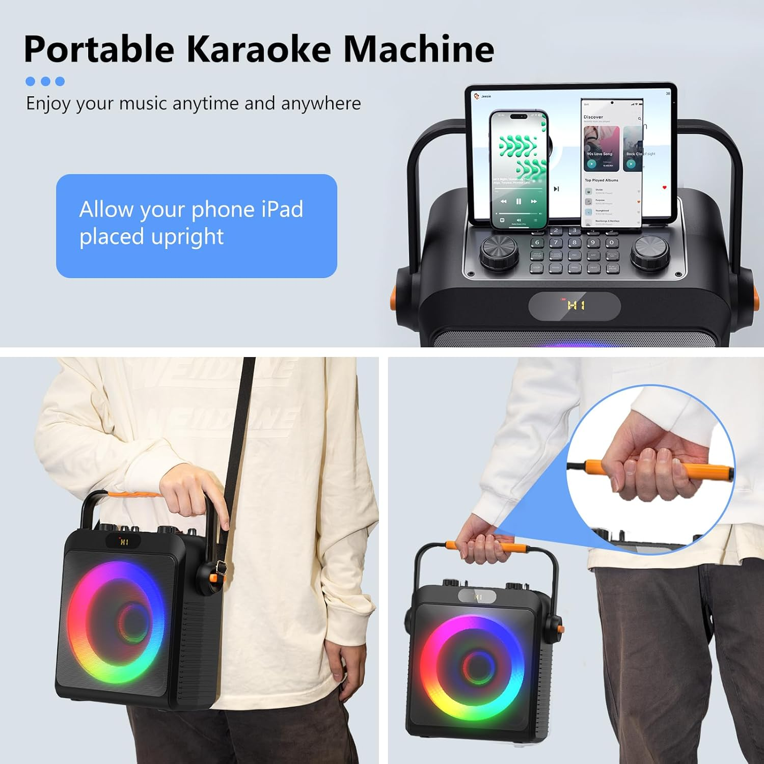 JYX Karaoke Machine with 2 Wireless Microphones for Adults, Portable Bluetooth Speaker with Bass/Echo Adjustment, PA System for Karaoke, House Party, Party Box, Support TWS/TF Card/Usb/Aux/Live/Rec image number 5