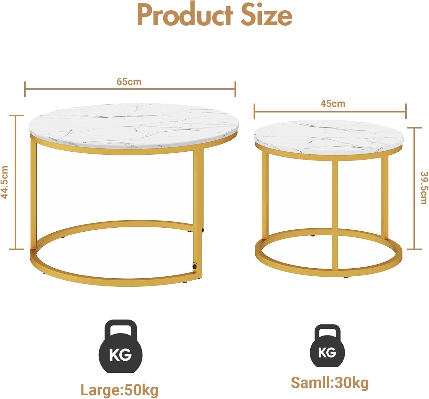 Advwin Coffee Table Set of 2, round Nesting Table Marble Pattern Wooden Side Table Metal Frame End Table for Living Room White