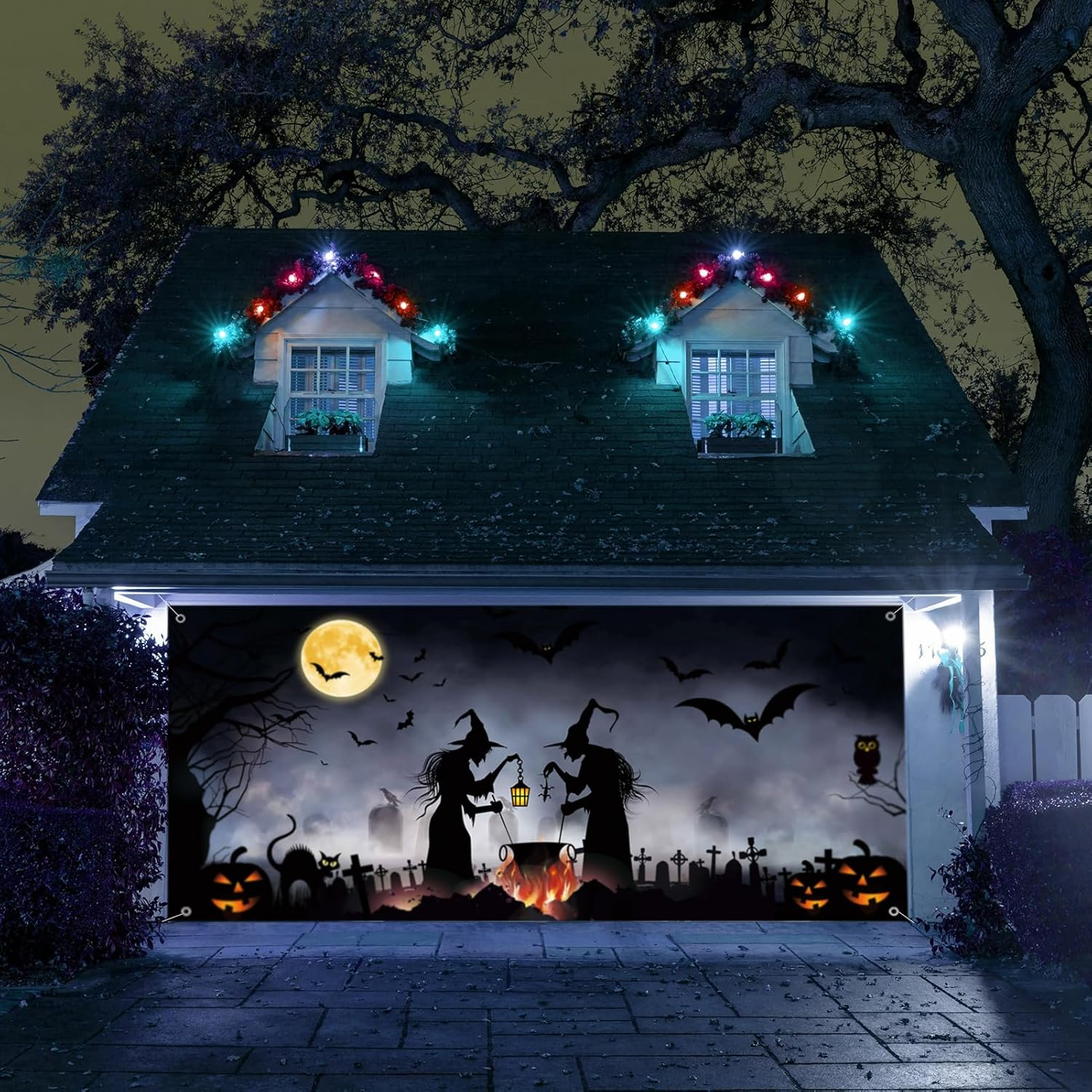 Kovewon Halloween Garage Door Decorations Cover 7 X 16 Ft Halloween Garage Door Banner Halloween Backdrop Background for Photo Party Halloween Wall Decorations Indoor Outdoor image number 2