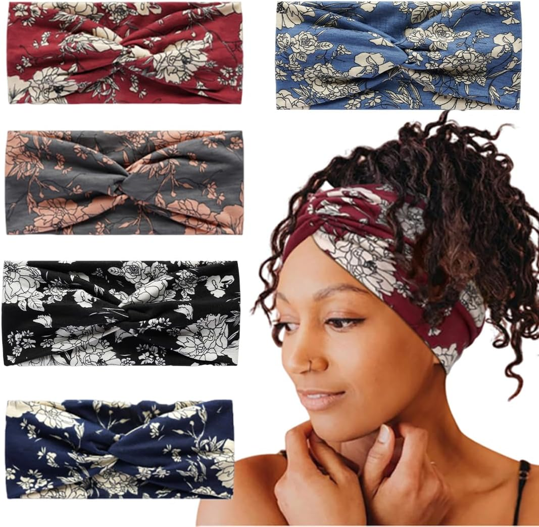 FIMWOLZ Women'S Summer Hair Band, Pack of 5, Wide Hair Band, Headscarves, Multicoloured Floral Print Hair Bands, Women'S Wide Elastic Soft Bandana for Everyday Sports, Yoga image number 3