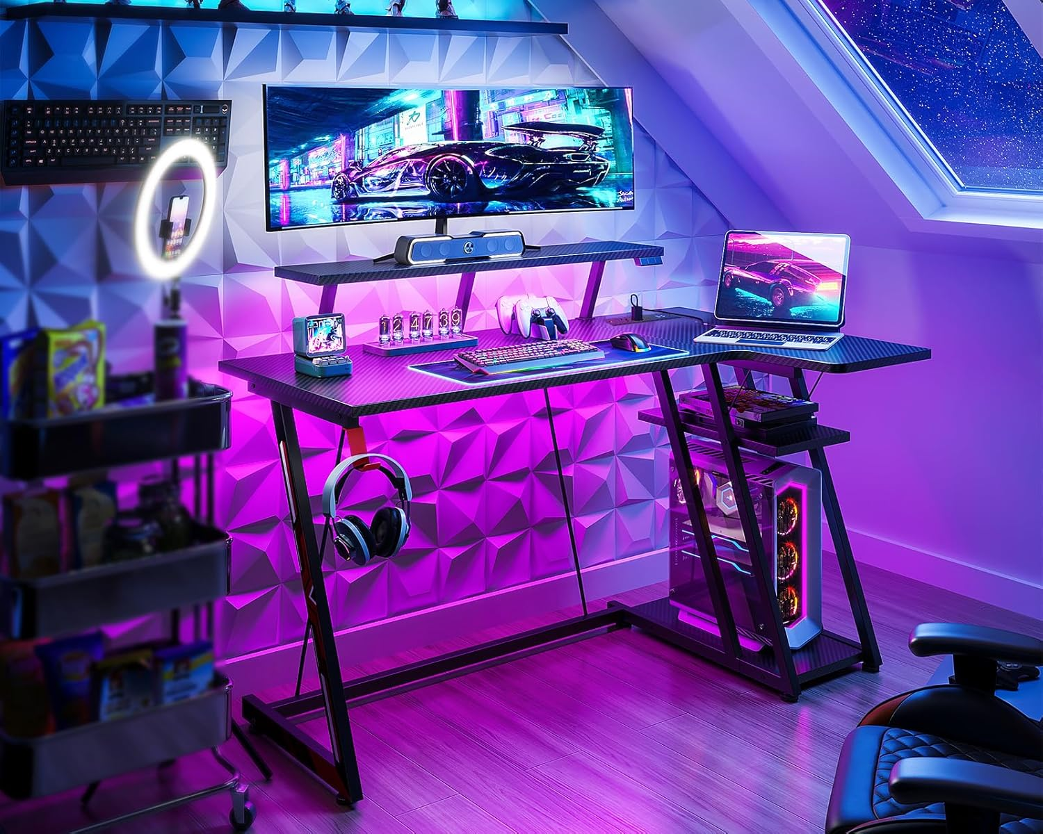 ODK L Shaped Gaming Desk with LED Lights& Power Outlets, Gaming Table with Monitor Stand, Corner Gaming Desk with Storage&Hook,Modern Simple Computer PC Desks, 120 * 70 * 92.8Cm, Carbon Fiber Black image number 2