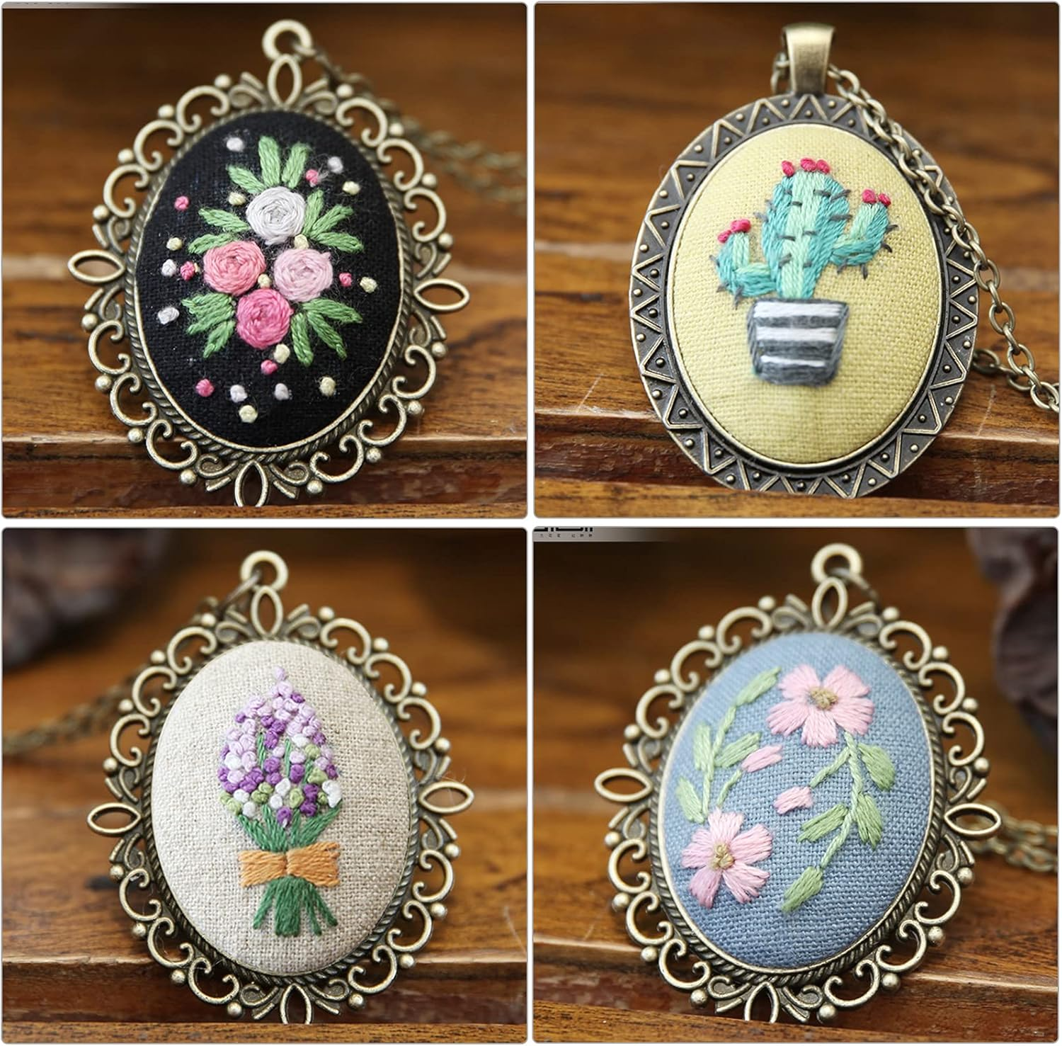 ZOCONE 4 Packs Embroidery Necklace Kit, Embroidery Pendant Kit Mini Cross Stitch Kit with Hoop, Necklace, Pendant, Stamped Pattern Cloth, Instructions, Etc., Embroidery Kit for Adults