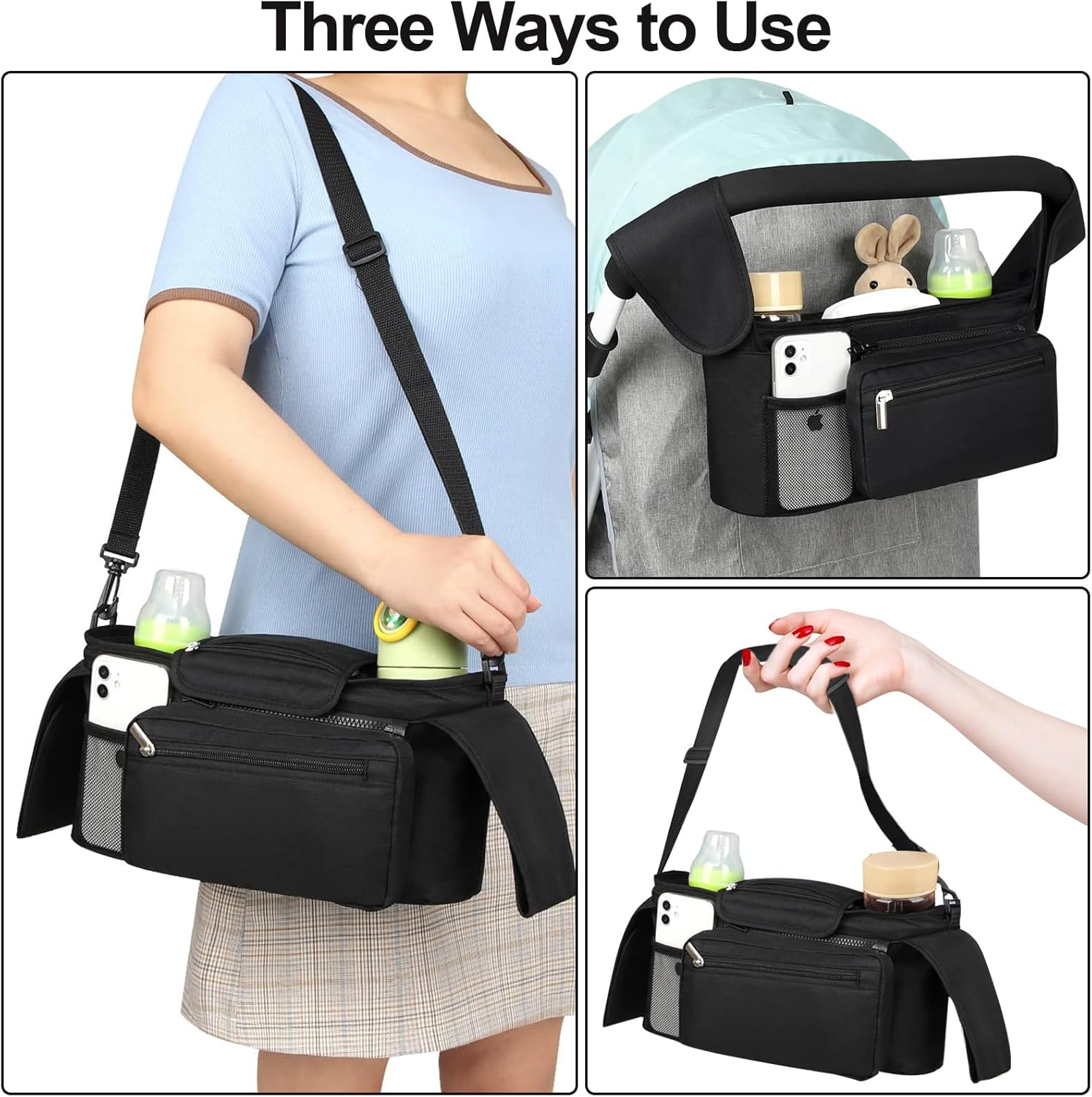 Universal Stroller Organizer with Insulated Cup Holders Detachable Phone Bag & Shoulder Strap, Stroller Accessories Fits for Britax, Uppababy, Baby Jogger, Bugaboo, BOB Stroller (Black) image number 1