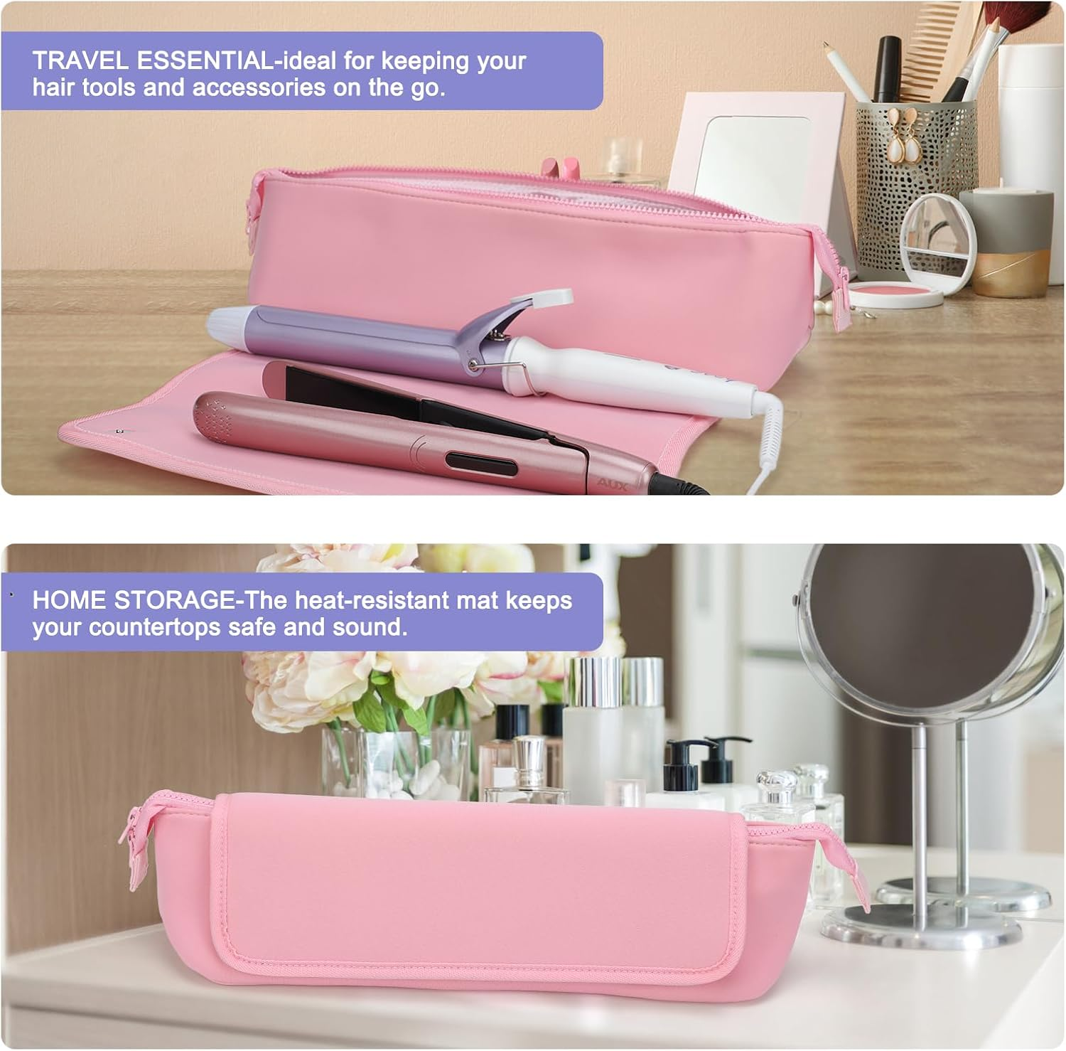 BAQRAXIA Heat Protection Case, Heat Resistant Bag for Straighteners, Hair Tools Travel Bag, Pink, Pink, Heat Resistant Straightener Bag image number 3