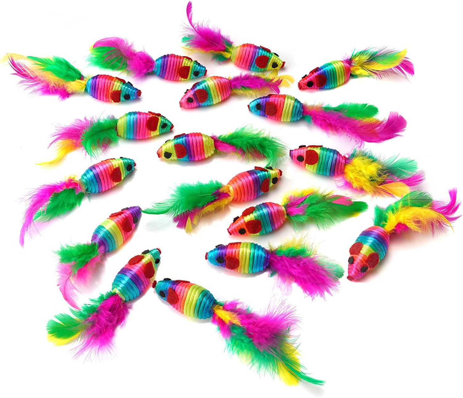 Chiwava 24PCS 5" Rattle Cat Toys Mice with Feather Rainbow Rope Mouse Kitten Interactive Toy Assorted Color image number 6