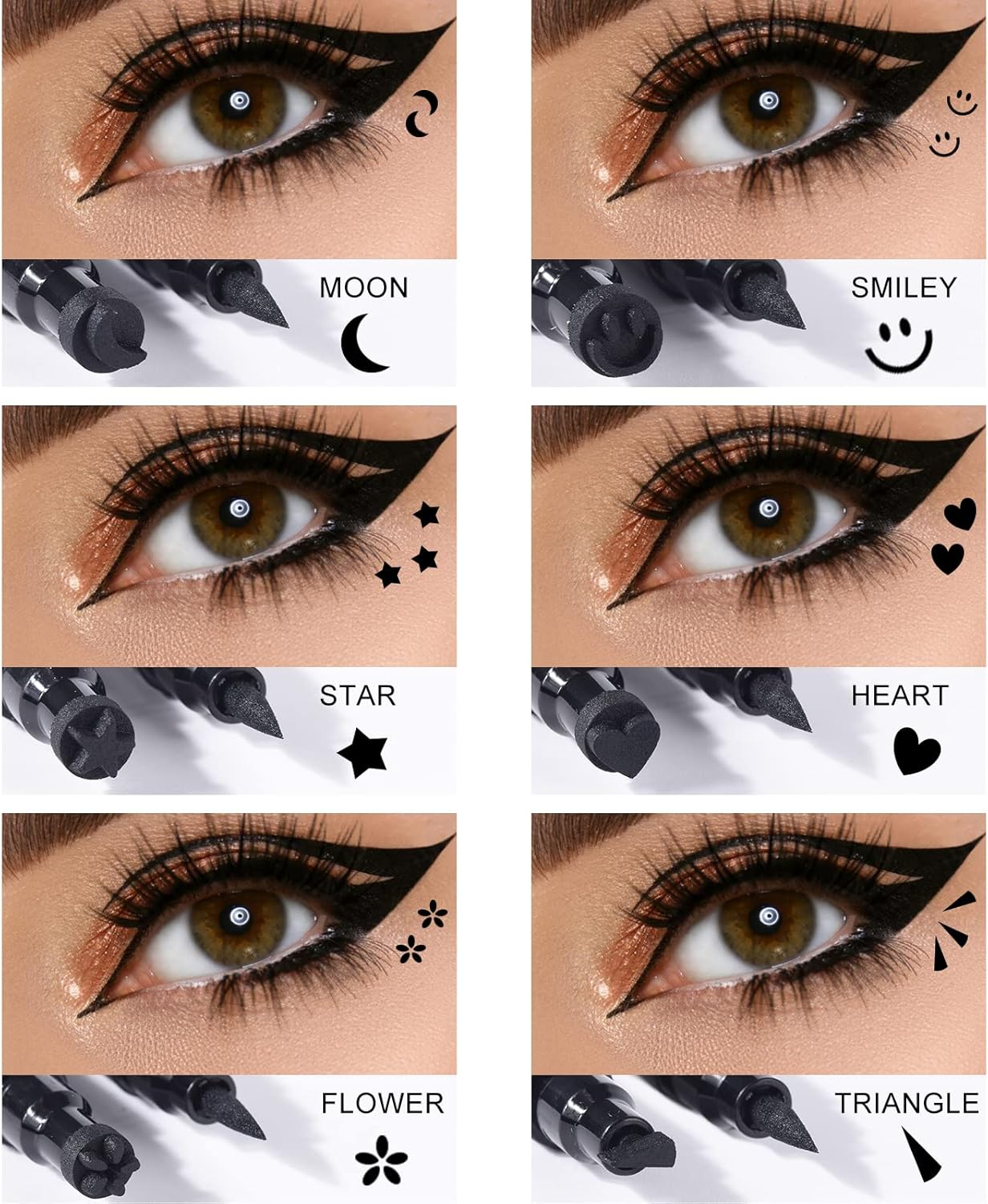 Ownest 6 Pcs Waterproof Smudge-Proof Eyeliner Stamp Pen Set - Eyeliner Tattoo Tool with Smiley, Triangle, Heart, Star, Moon, Flower image number 5