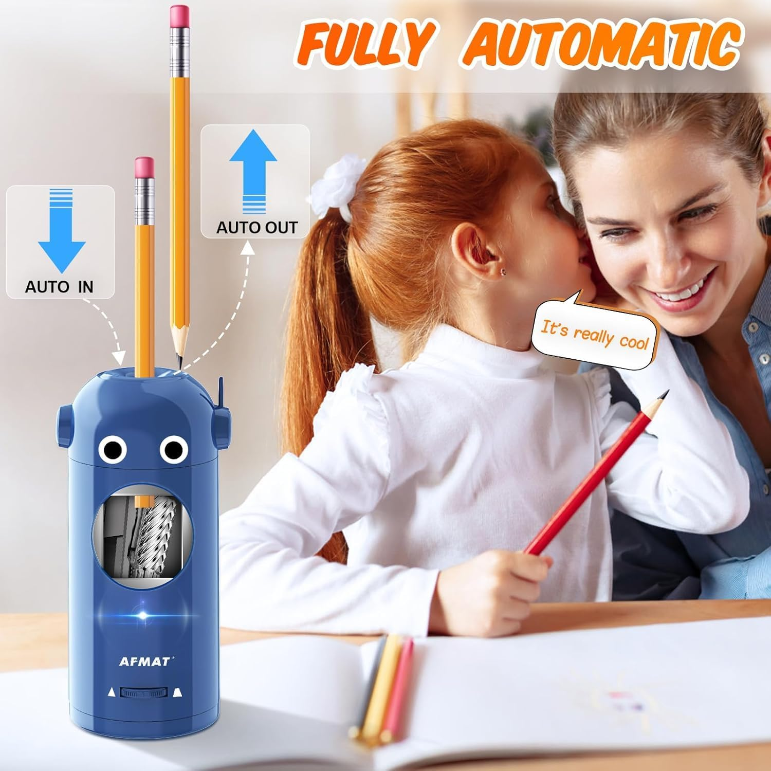AFMAT Electric Pencil Sharpener, Fully Automatic Robot Pencil Sharpener for Colored Pencils 7-11.5Mm, Auto in & Out, Rechargeable Hands-Free Pencil Sharpener for Home/Classroom/Office, Blue image number 1