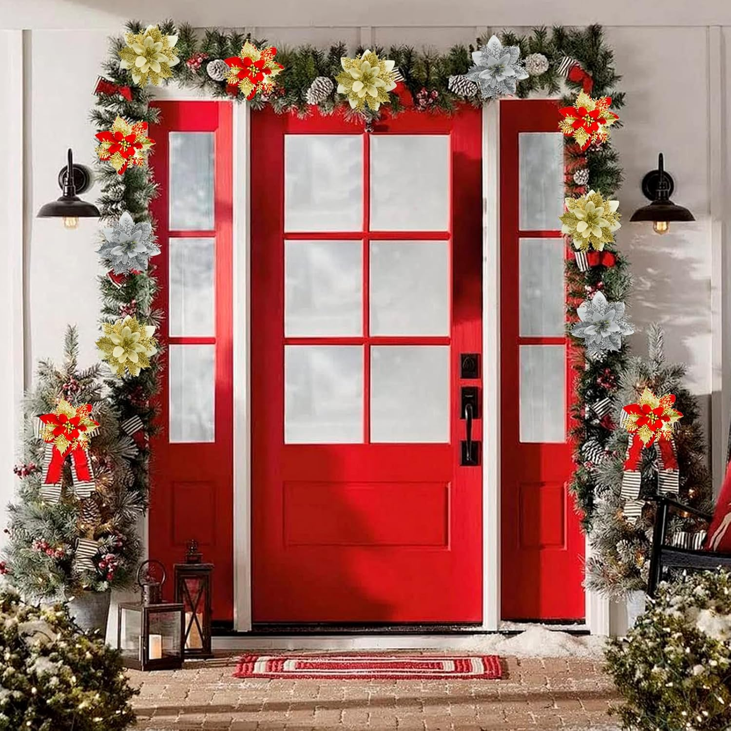 24PCS Glitter Poinsettia 5.1" Artificial Christmas Flowers with Clips Stems Fake Flowers for DIY Wreath Garland Xmas Tree New Year Wedding Party Ornament (Mix Color) image number 6