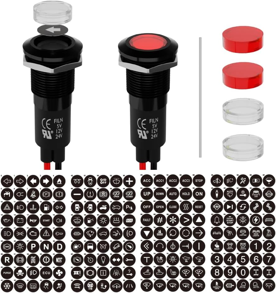 2PCS LED Indicator Lights Includes 180 Replacement Symbols 12V 24V 12Mm Mounting Holes IP67 Waterproof Metal Pilot Lights for Cars Boats Industrial Panels Dashboards(Red LED Light)