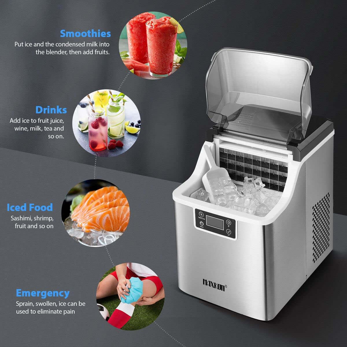 Maxkon 20Kg/24Hrs Countertop Ice Maker Machine Clear Cube Making,3.2L Water Tank Ice Making Machine, 2 Water Filling Ways, Stainless Steel Ice Machine for Home Office Bar Party Home Commercial - 13Kg image number 7