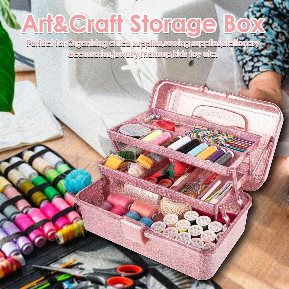 Bjworeye Glitter Pink & Craft Tool Storage Box,3-Layer Stackable Carry Tackle Box Sewing Box Organizer for Art image number 3