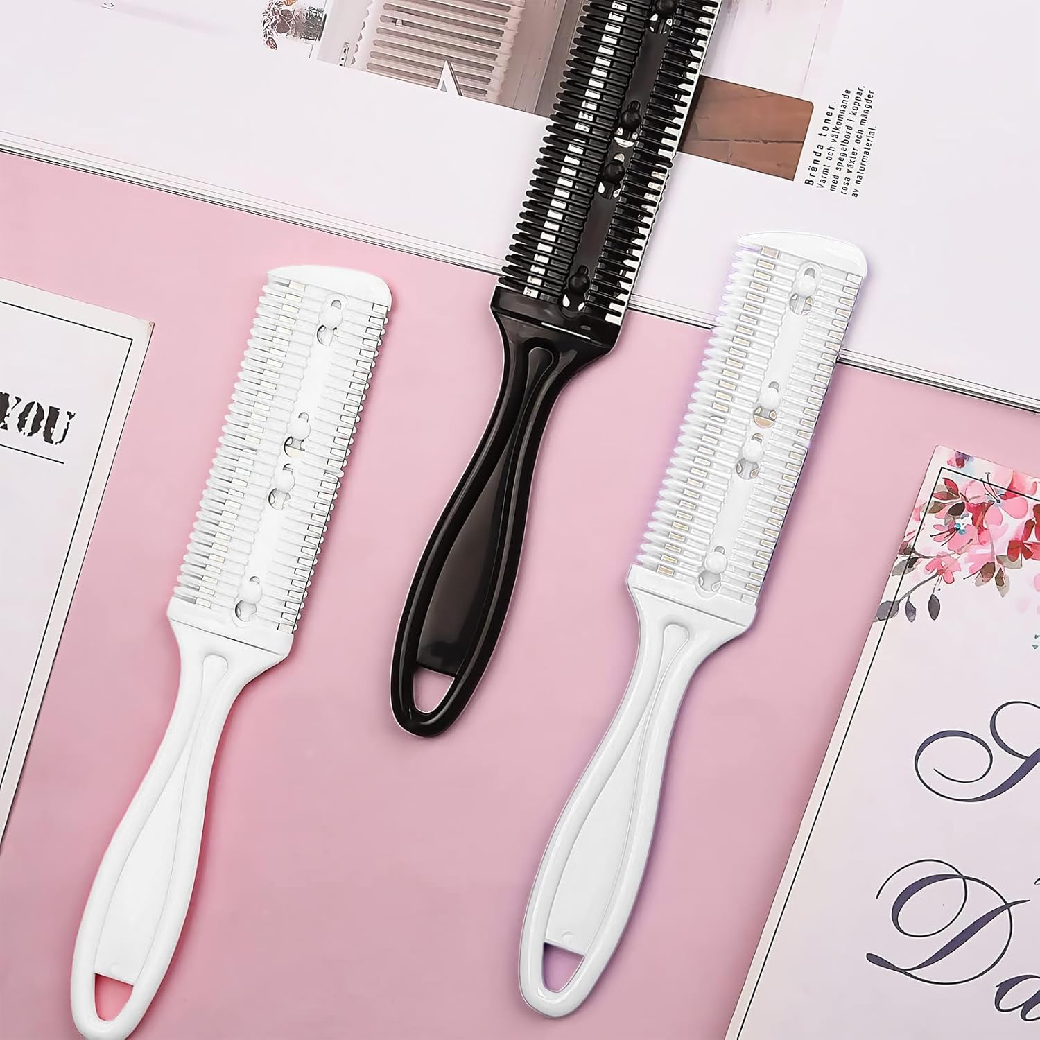 SWYSGS Pack of 2 Thinning Knife Hair Razor Comb with 10 Replacement Blades Double-Sided Hair Cutting Trimmer Comb Thinning Hair Cutting Tool for Haircut and Styling, White and Black image number 3