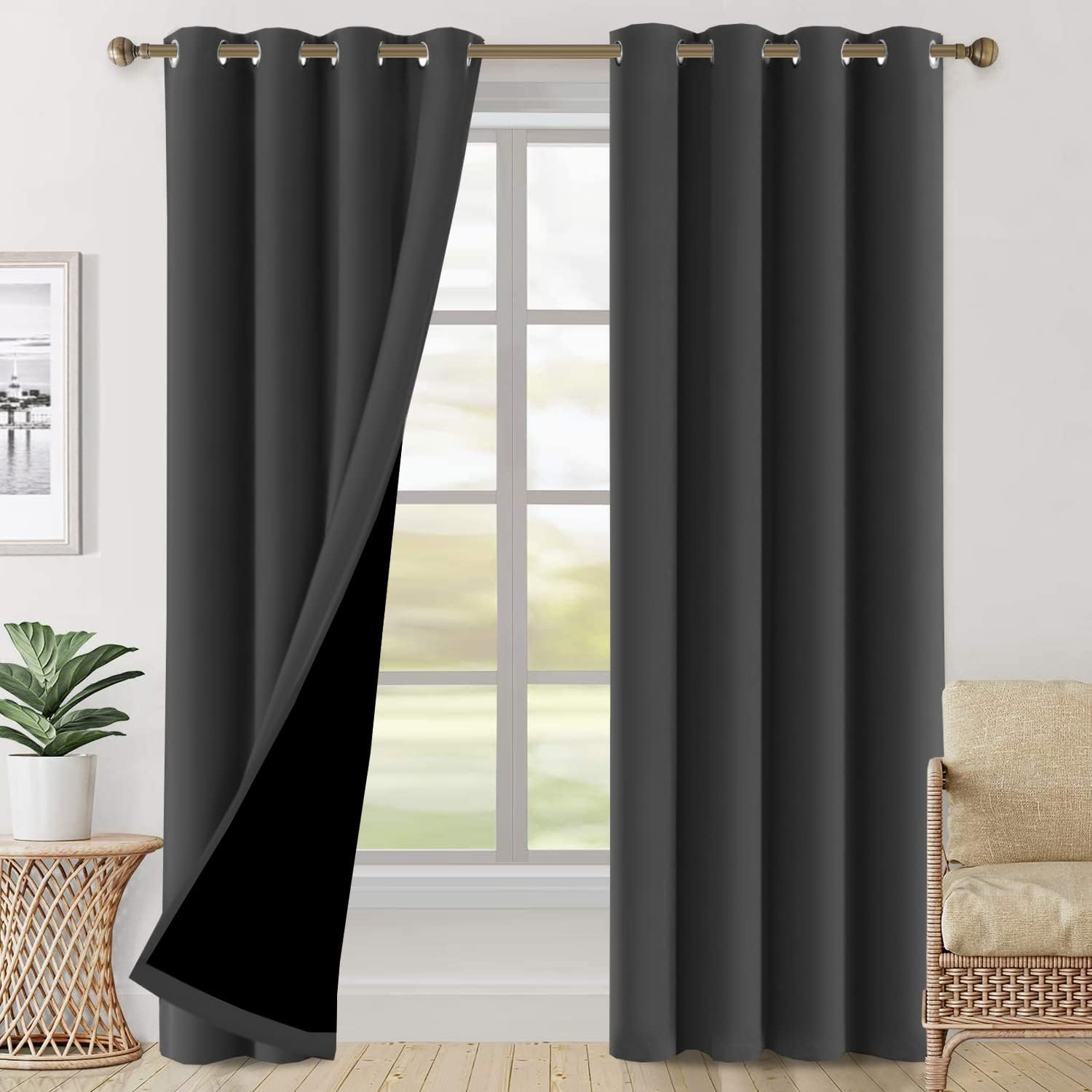 H.VERSAILTEX 100% Blackout Curtains Completely Blackout Window Drapes Thermal Insulate Double Layer with Black Liner for Bedroom 2 Panels Set, Each W132Cm X D160Cm, Natural