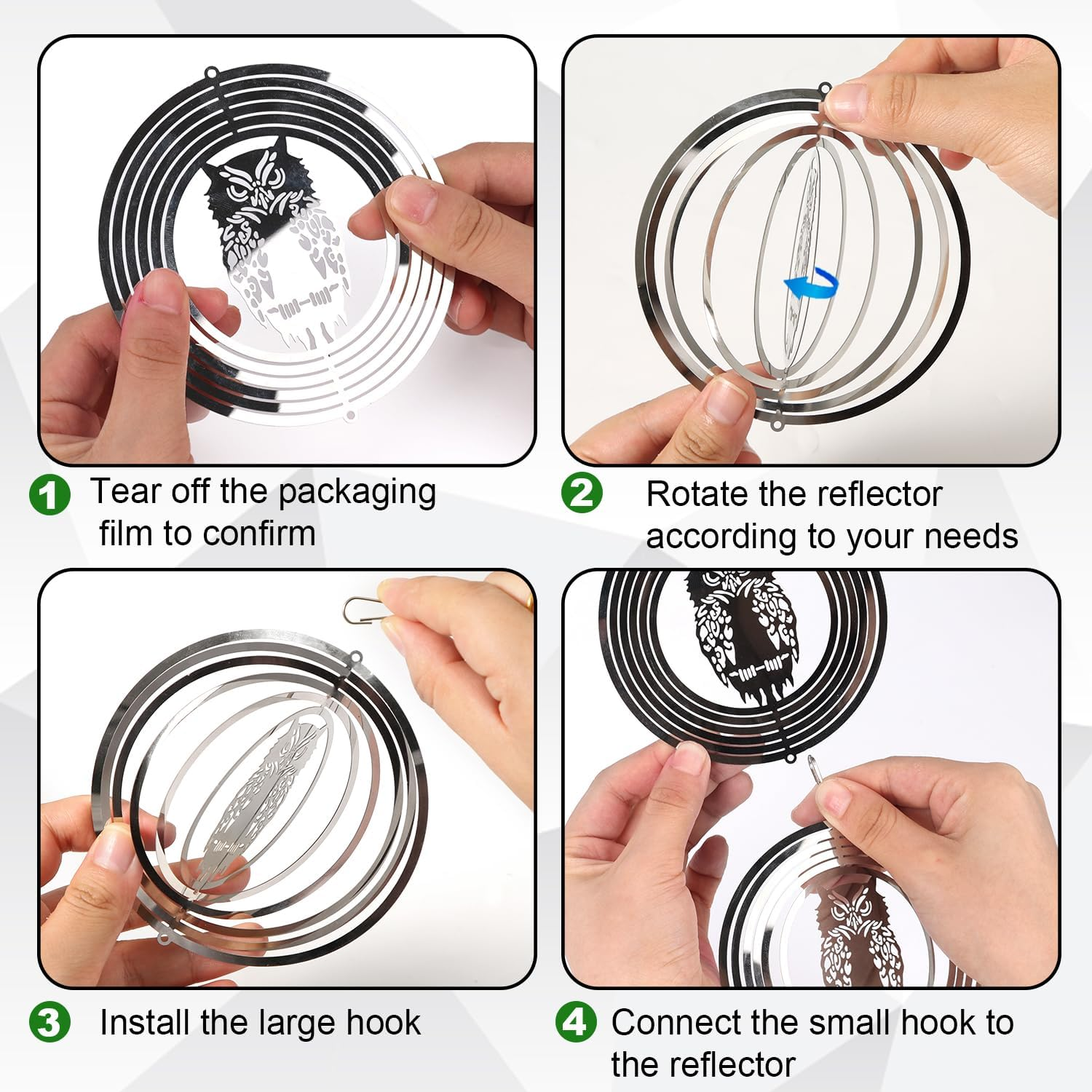 3Pcs Owl Bird Bird Reflective Discs Set, Stainless Steel Disc Highly Reflective Double-Sided Bird Reflectors Metal Wind Spinner Birds Away from Garden Yard Decor image number 1