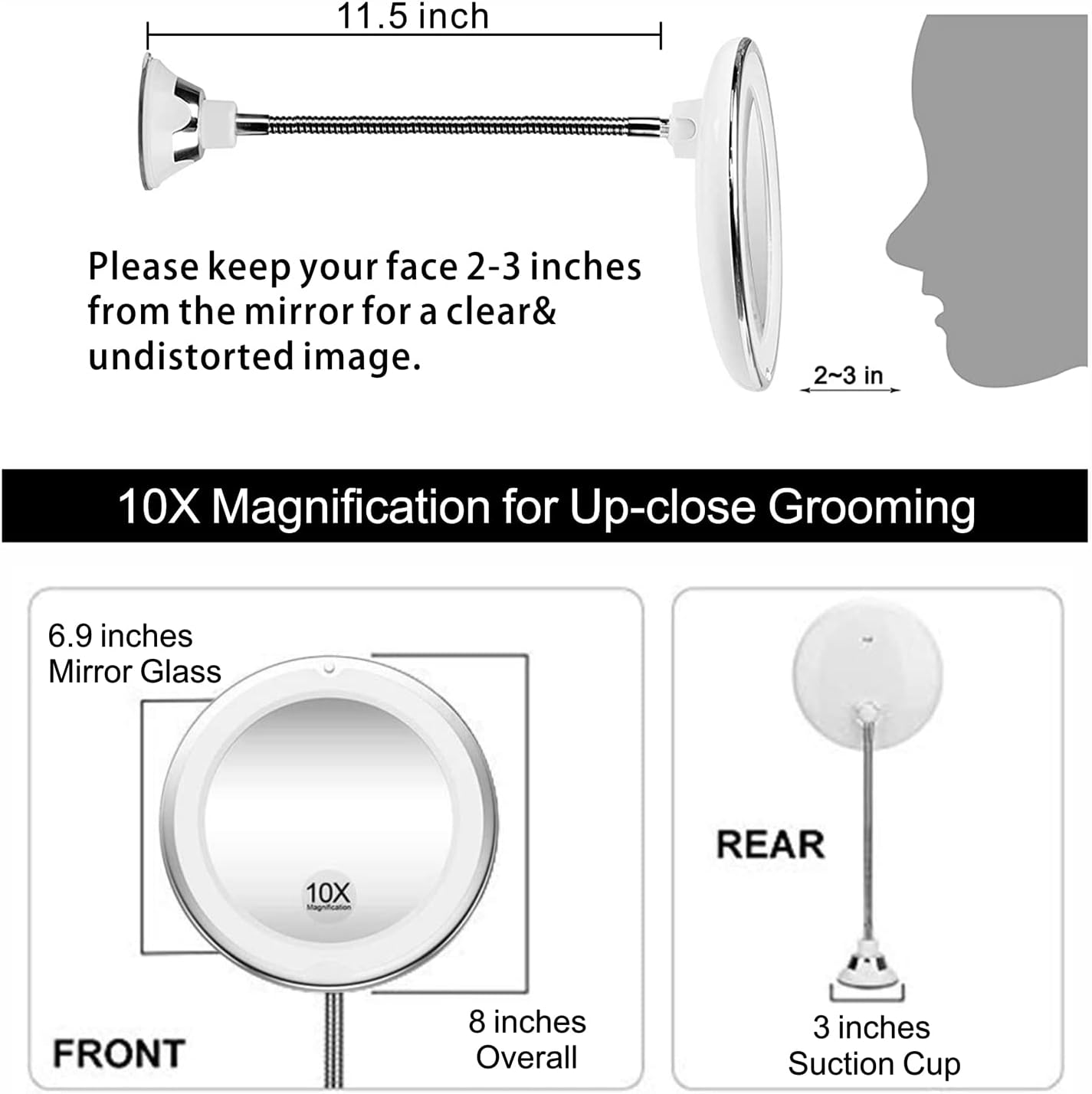 TOP4EVER 8" Magnifying Mirror with Light Lighted Makeup Mirror with Magnification ，Flexible Magnifying Mirror with Suction Cups