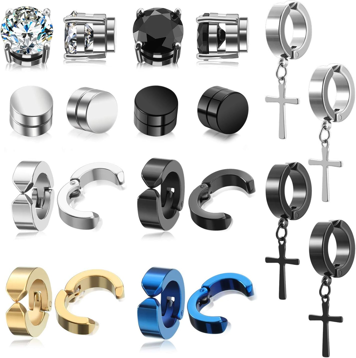 Weyeena10 Pairs Magnetic Stud Earrings for Men Stainless Steel Magnetic Earrings, Non-Piercing Cross Dangle Hoop Earrings Unisex Gauges Clip on Earring CZ Magnet Earring Set image number 5