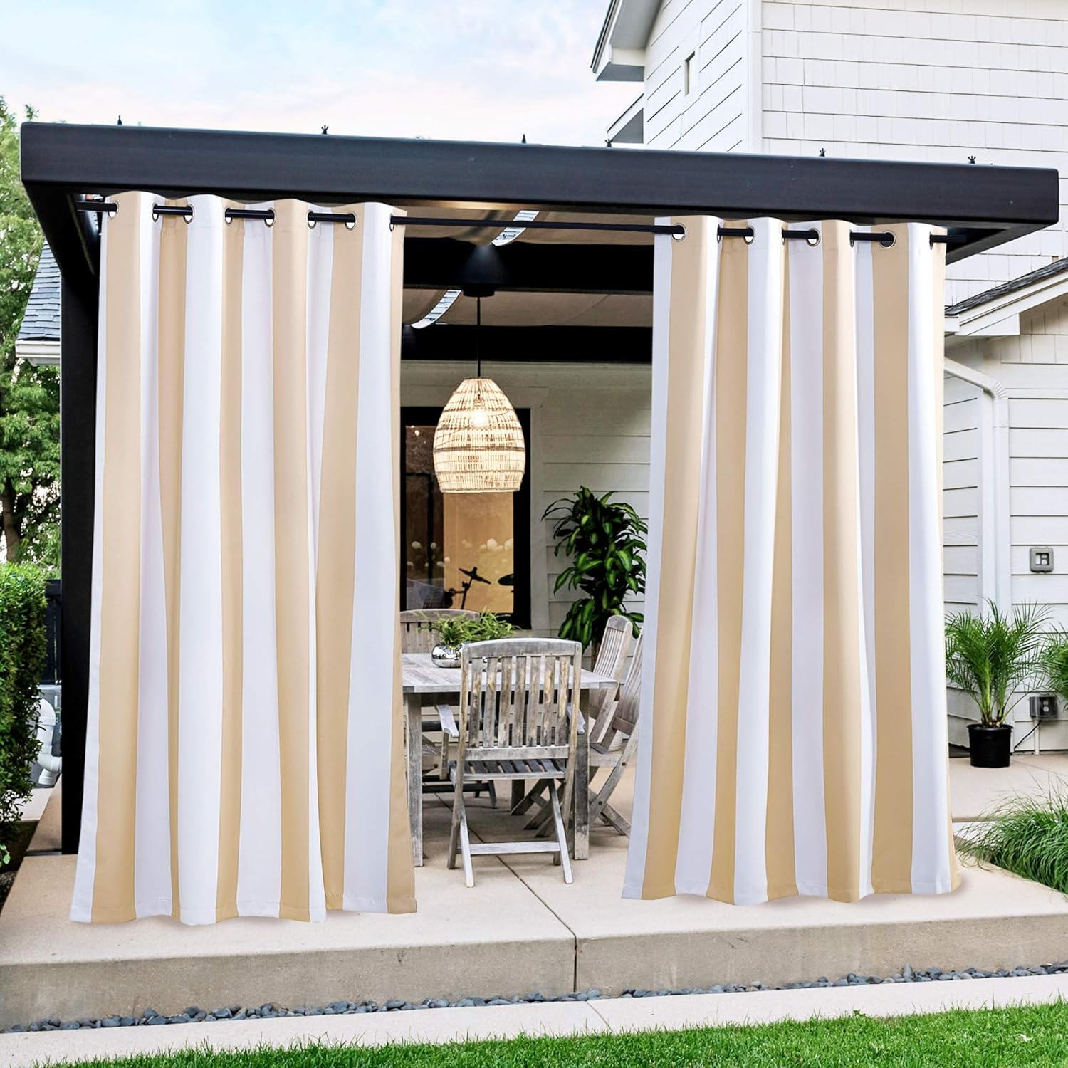 NICETOWN 2 Panels Stripe Outdoor Curtains for Patio Waterproof, Thermal Insulated Stainless Steel Grommet Room Darkening Indoor Outdoor Drapes Light Block for Pool, W52 X L108, Biscotti & White