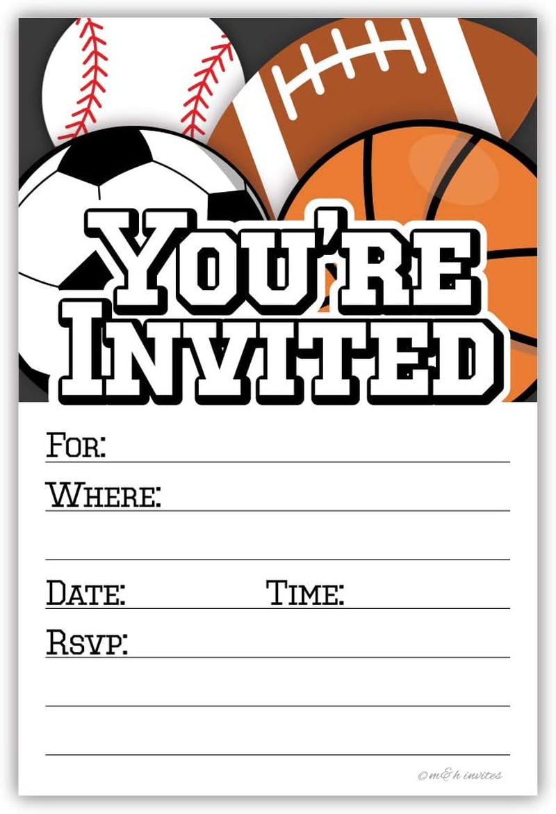 Sports Party Invitations (20 Count) with Envelopes - Football, Soccer, Baseball and Basketball