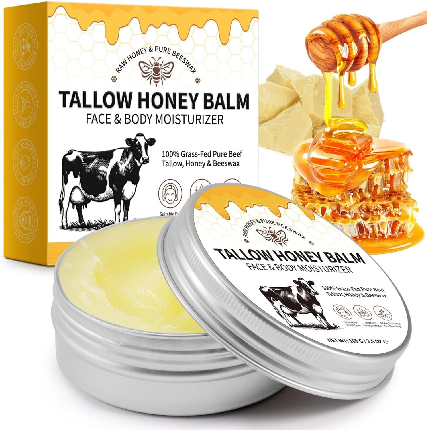 Grass-Fed Beef Tallow & Raw Honey Balm - Whipped Face & Body Moisturizer for Dry Skin - Natural Nourishing Cream with Beeswax for Men & Women - 100G image number 5