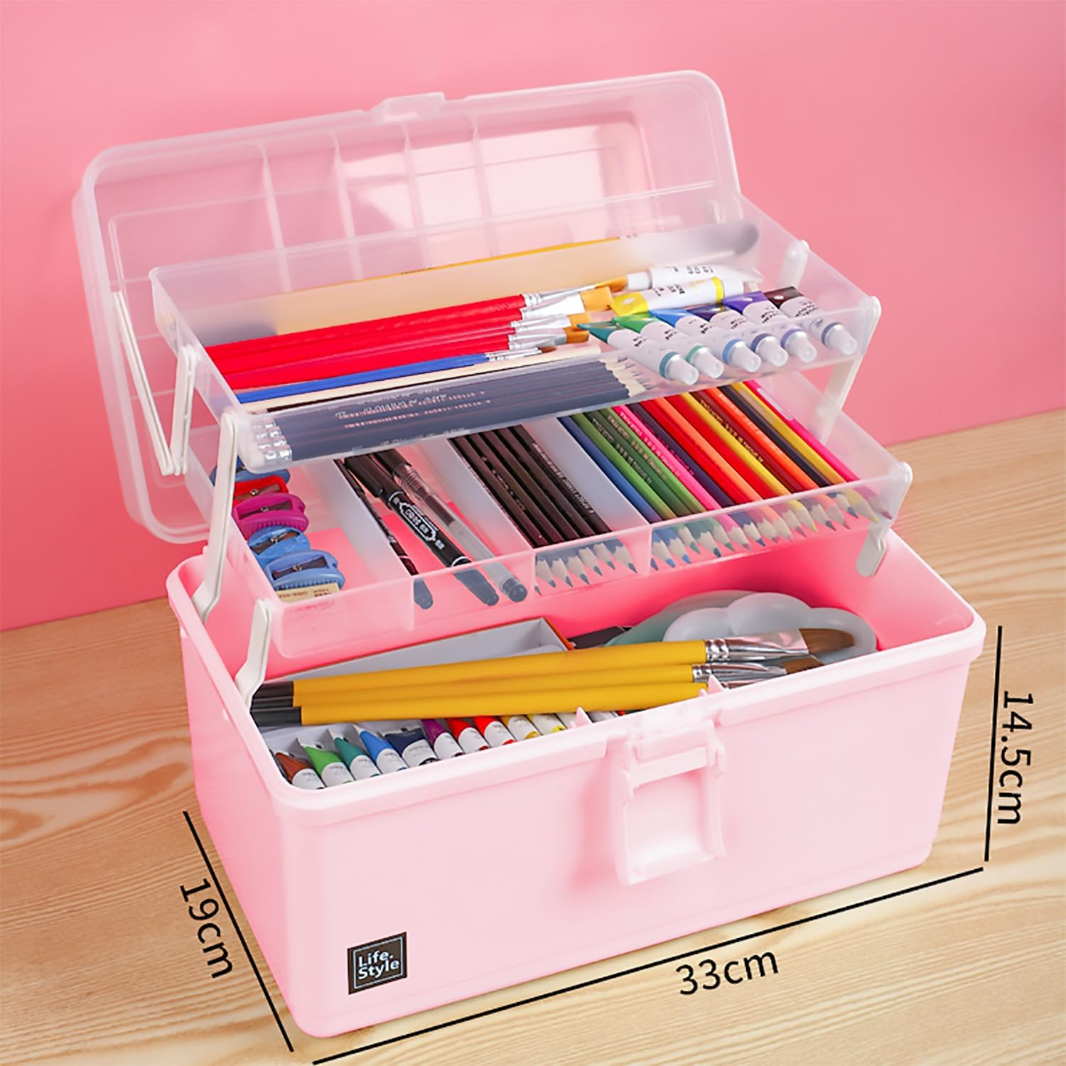 Foldable Multiple Layers Extra Large Plastic Storage Case with Compartments, Crafts Arts Storage Box, Handled Sewing Box, Multipurpose Plastic Box, Pink image number 5