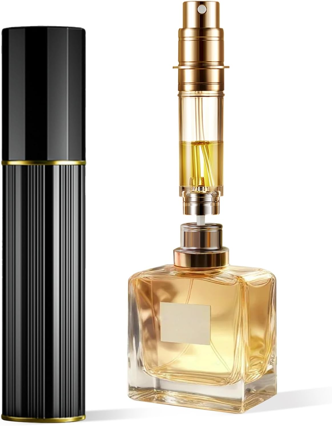 ASADAYS Portable Perfume Atomiser Refillable - 5Ml Empty Travel Spray Bottle, Nano Mist, Bottom Filling Mini Atomizer, Pocket Size Cologne Dispenser for Women and Men (Black & Gold, PA)