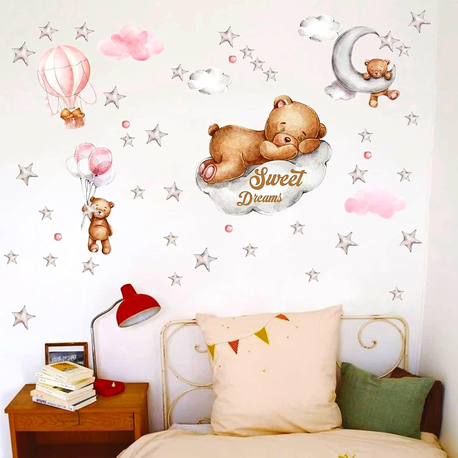 POILKMNI Tedy Bear Sleeping on the Moon and Stars Wall Stickers for Kids Baby Room Decor Sweet Dream Hot Air Balloon Star Nursery Shower Interior Kid Bedroom Playroom Decals (Pink) - Pink image number 6