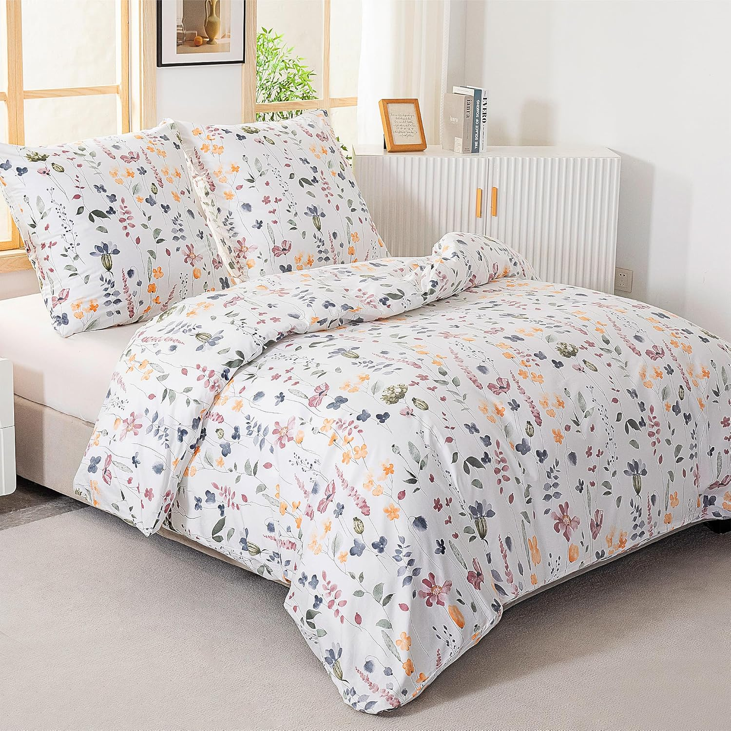 Atsense Bed Linen 155 X 220 Cm Cotton, 2-Piece Bed Linen Sets, Colourful Plants Flowers Pattern, Oeko-Tex Soft Duvet Cover Set with Zip and 1 Pillowcase 80 X 80 Cm image number 1