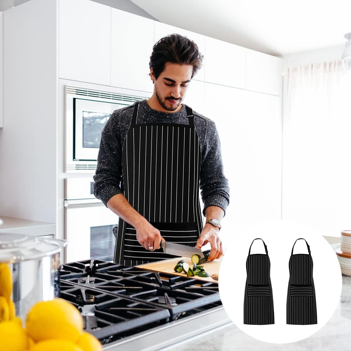 BEZANU Kitchen Cooking Aprons, 2 PCS Unisex Bib Aprons with Pockets for Men, Women, BBQ, Painting, Gardening, Baking (Stripe Style) image number 5