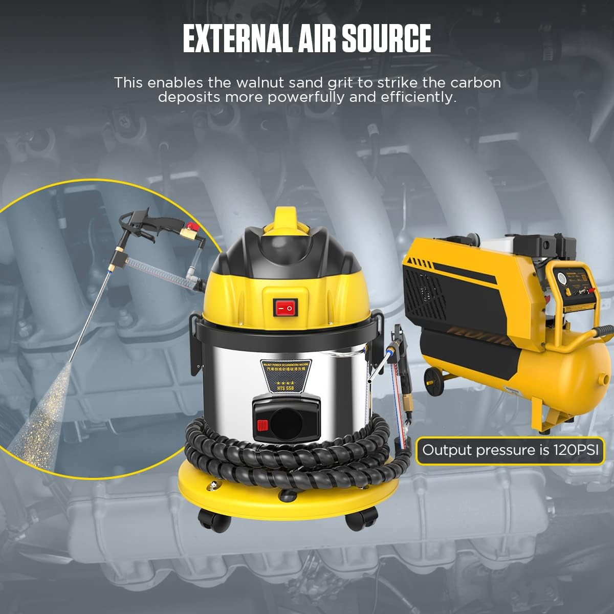 Walnut Sand De-Carbon Cleaner HTS558 Engine Intake Valve Cleaner Valvetronic System Walnut Powder Sand Carbon Deposit Cleaning Tool Car Walnut Blaster Cleaner with 23Pcs Car Model Adapters 110V/220V image number 2