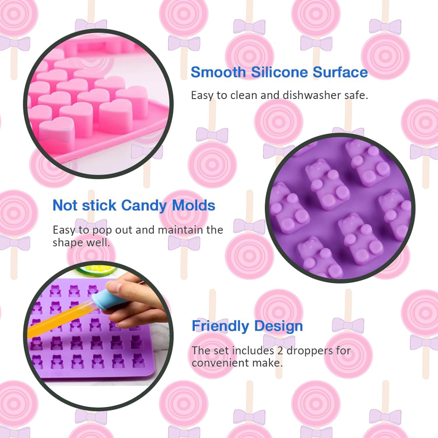 4 Pack Gummy Bear Candy Molds Silicone, Gummy Molds with 2 Droppers, Non-Stick Silicone Candy Molds Including Mini Dinosaur, Bear Shape, Hearts and Mini Donut image number 3