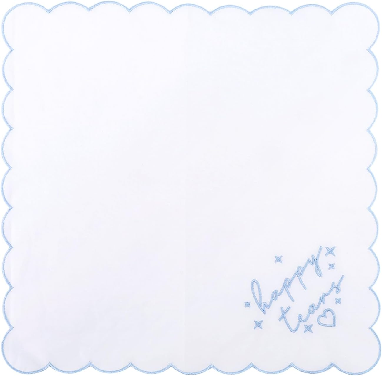 Fukaisu Happy Tears Embroidered Handkerchief, 10X10In/25X25Cm Bridal Handkerchief with Blue Embroidered Scalloped Edges and Hearts