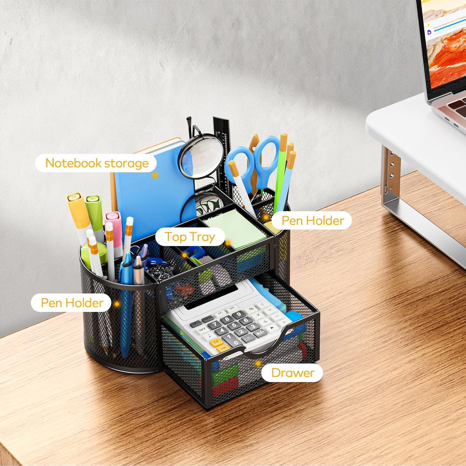 Auvo APH01 Mesh Desk Organizer with Drawers, Pen Holder and Desk Organizer, 9 Compartments for Office Supplies, Black image number 5