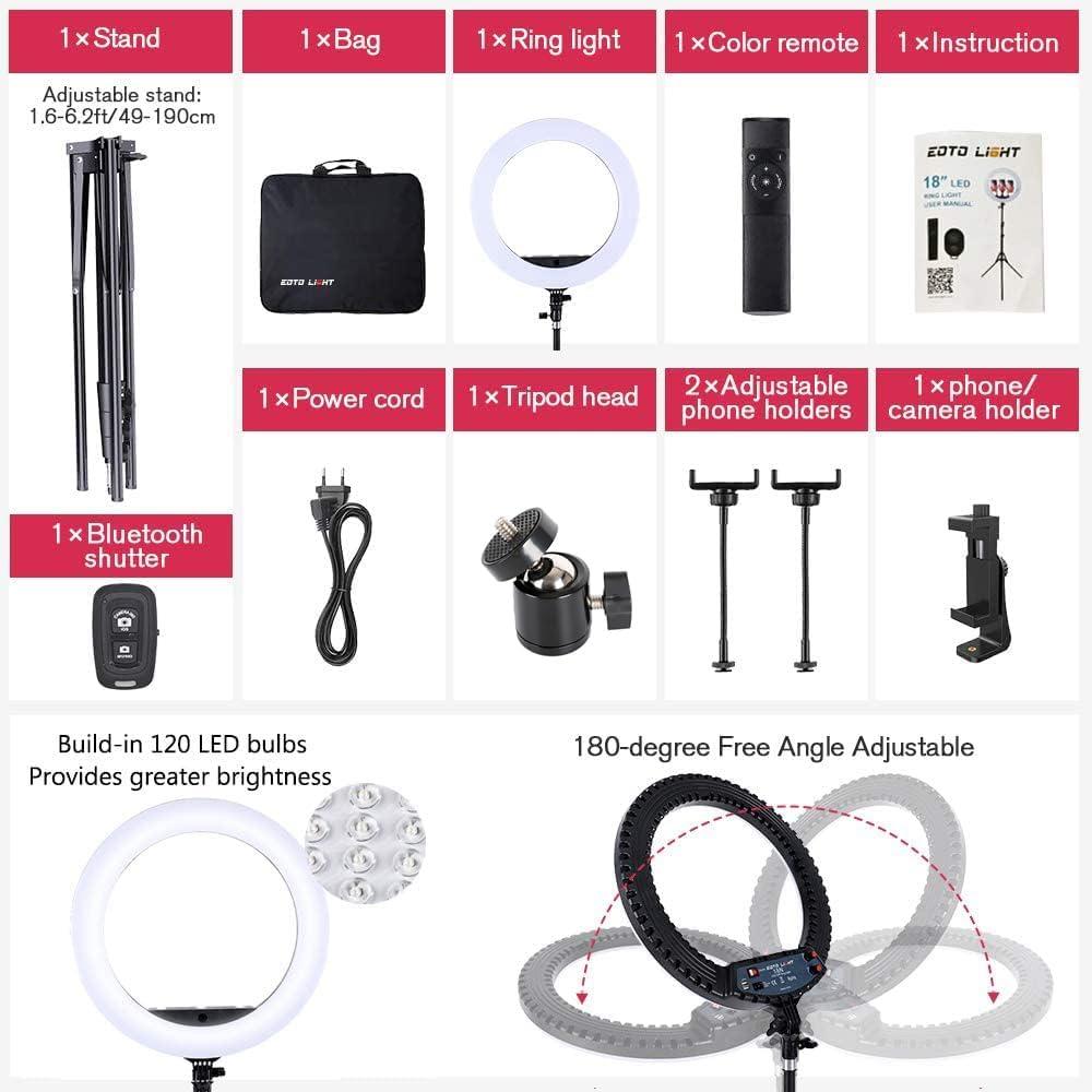 18 Inch LED Ring Light with Tripod Stand Dimmable Makeup Selfie Ring Light for Studio Portrait Youtube Vlog Video Shooting with Carrying Bag and Remote Controller, CRI 90 image number 1