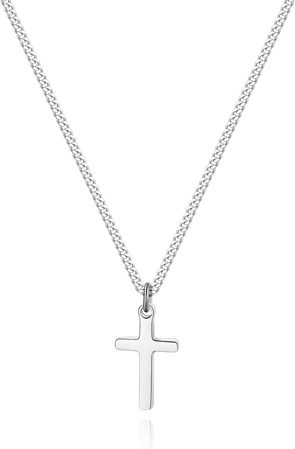 TASBERN Cross Necklace for Men Stainless Steel Silver Polished Plain Small Cross Pendant Necklace for Son Boy Women 16-24 Inches Cuban Chain image number 4