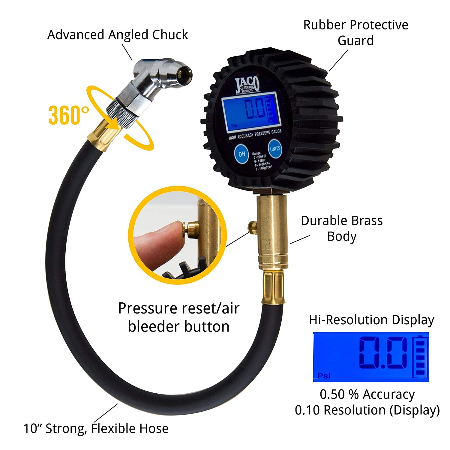 JACO Elitepro Digital Tire Pressure Gauge - Professional Accuracy - 200 PSI image number 6