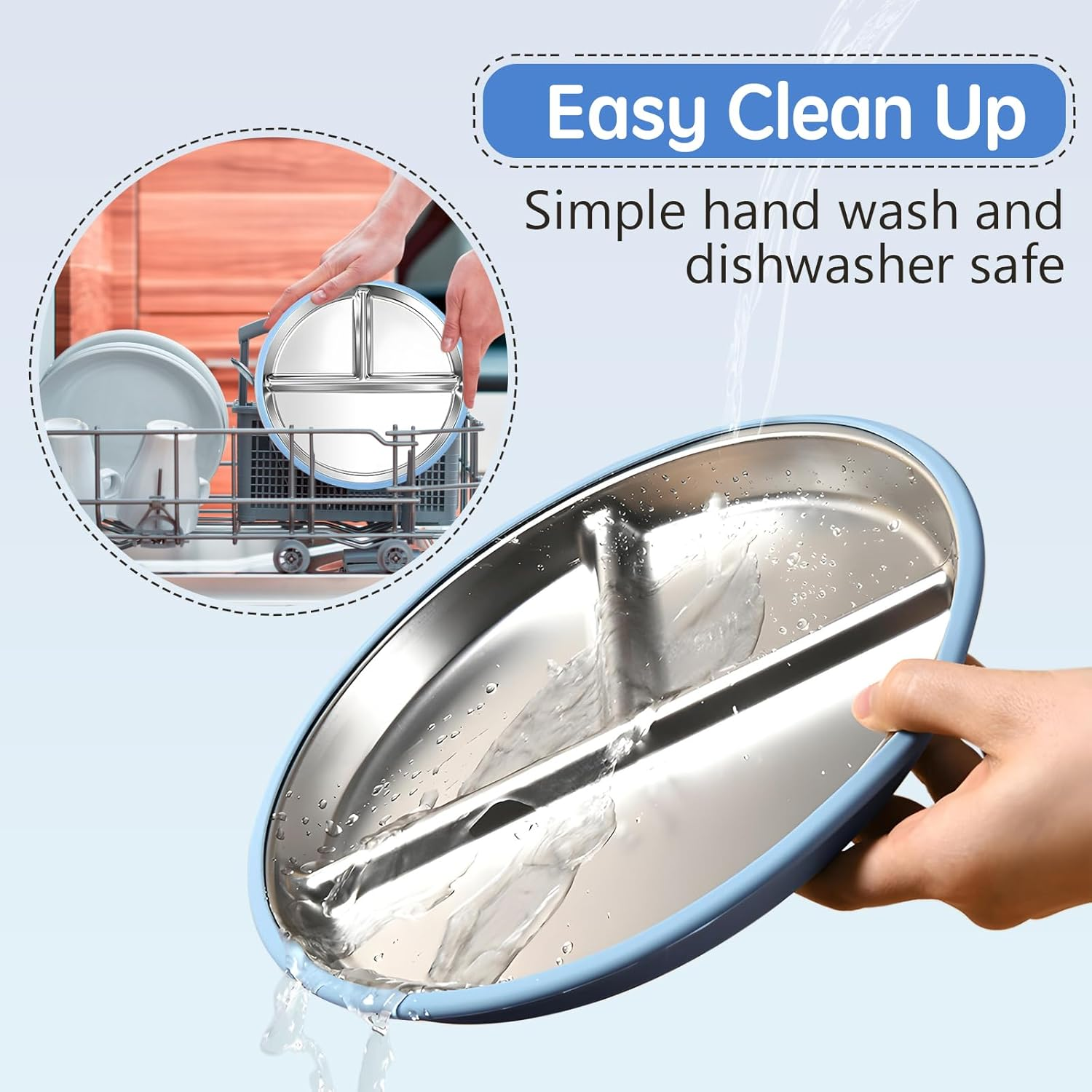 ZCOINS 2 Pack 9" Stainless Steel Plates with Suction, Divided Suction Stainless Steel Plates with Removable Silicone Base, 3 Compartments, Non-Slip Metal Dinner Dishes with Dividers image number 2