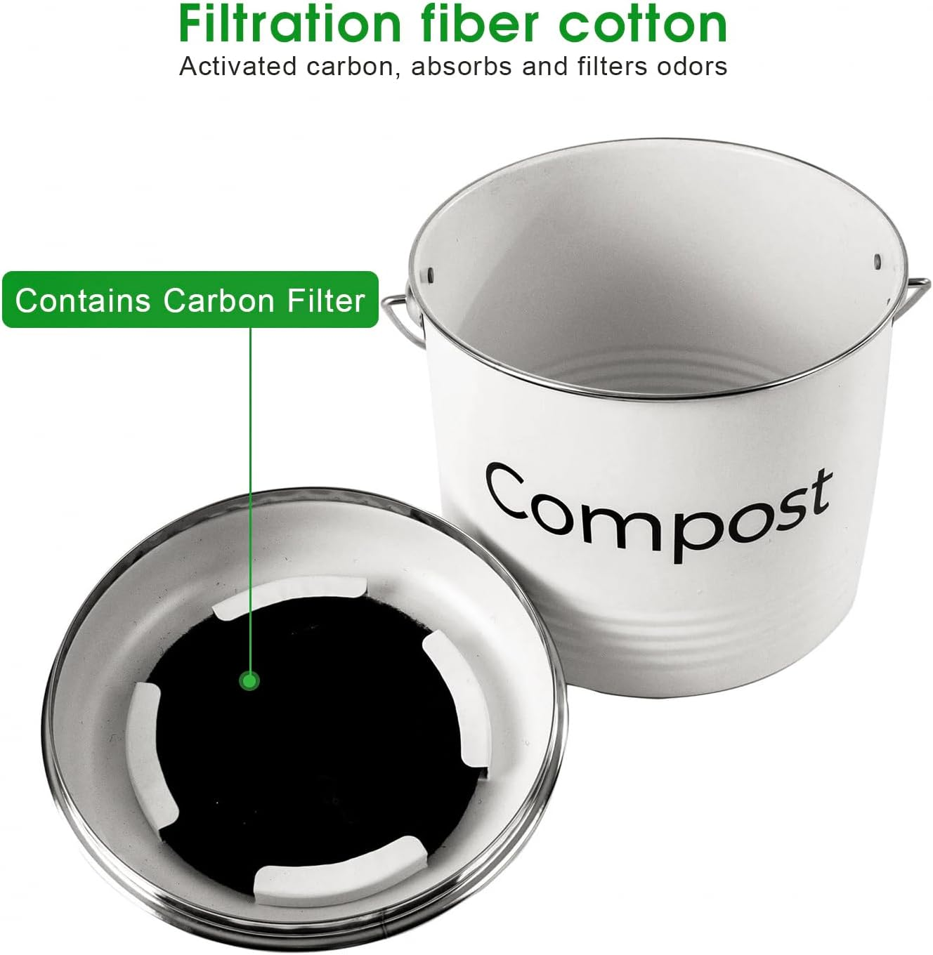 Living Today Kitchen Compost Bin,3.5L Indoor Countertop Scraps Caddy, Metal Odorless Food Waste Compost Bucket Trash Keeper Container with Carbon Filter,Lid,Handle (3.5L Compost Bin) image number 3