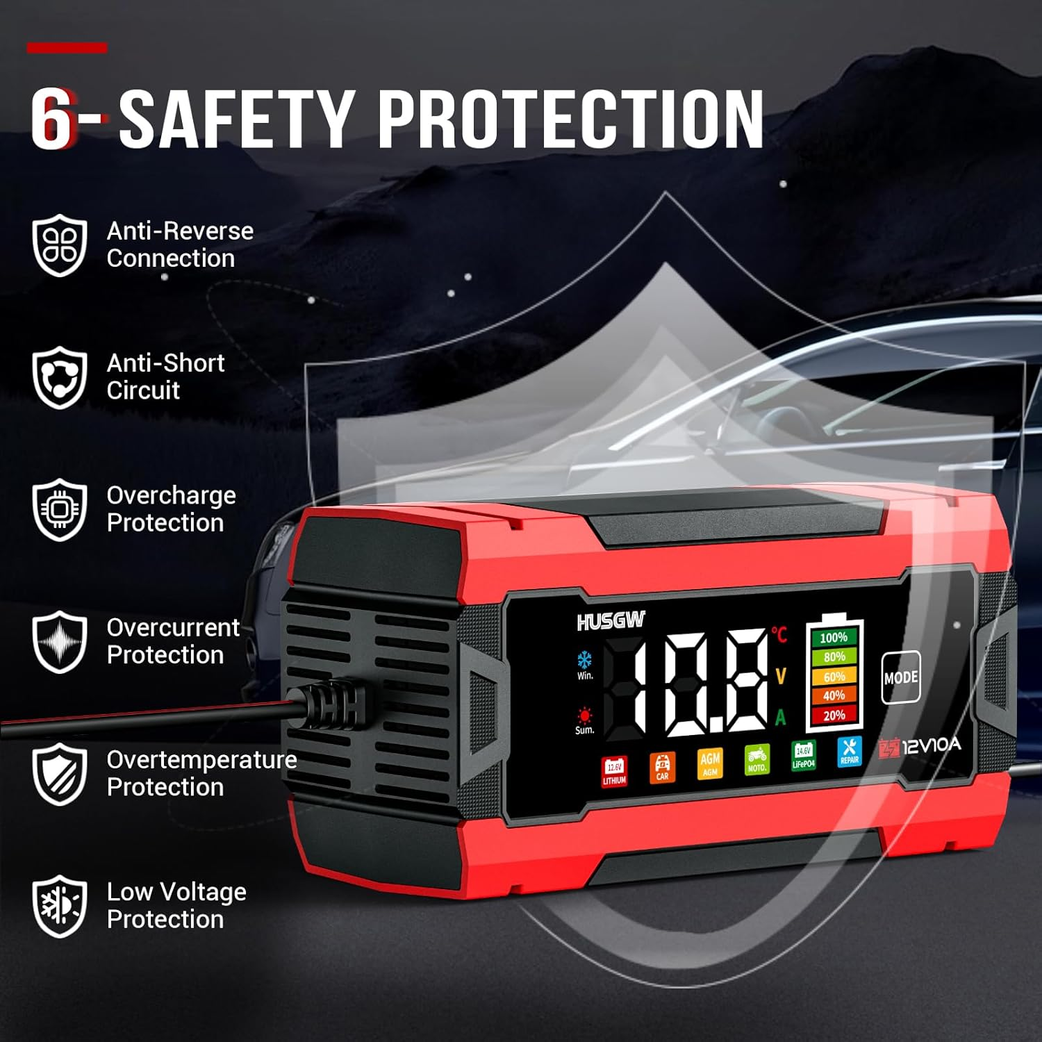 10-Amp Car Battery Charger, 12V/10A Smart Battery Charger Automotive Battery Maintainer with Pulse Repair, Trickle Charger for Car Truck Motorcycle Lawn Mower Boat (Red,Black) image number 5