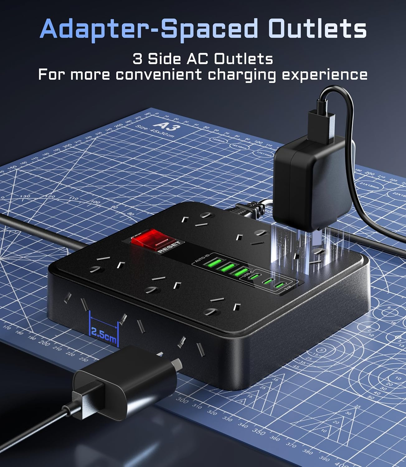 Powerboard USB Surge Protector - 18IN1 Power Board with 3 USB C & 3USB, 12 Outlet Power Strip with 1.9M Extension Cord, Wall Mountable 2500W Surge Protection and Overload Switch for Home & Office image number 5