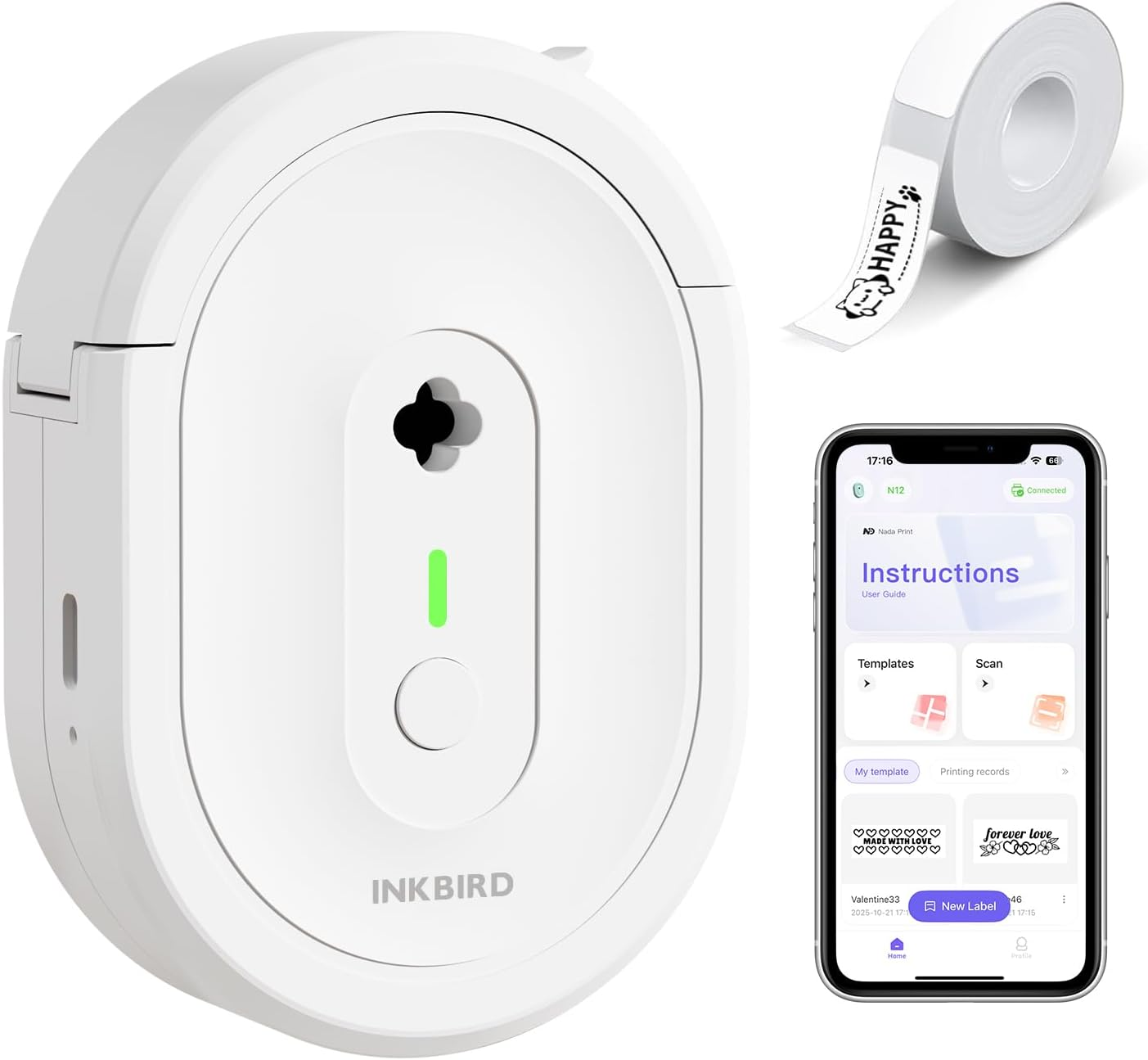 INKBIRD N12 Portable Label Maker Machine Bluetooth Sticker Printer, Thermal Printing, Various Print Templates, Use with Smartphones and Tablets, Ideal for Home, School, Office image number 1