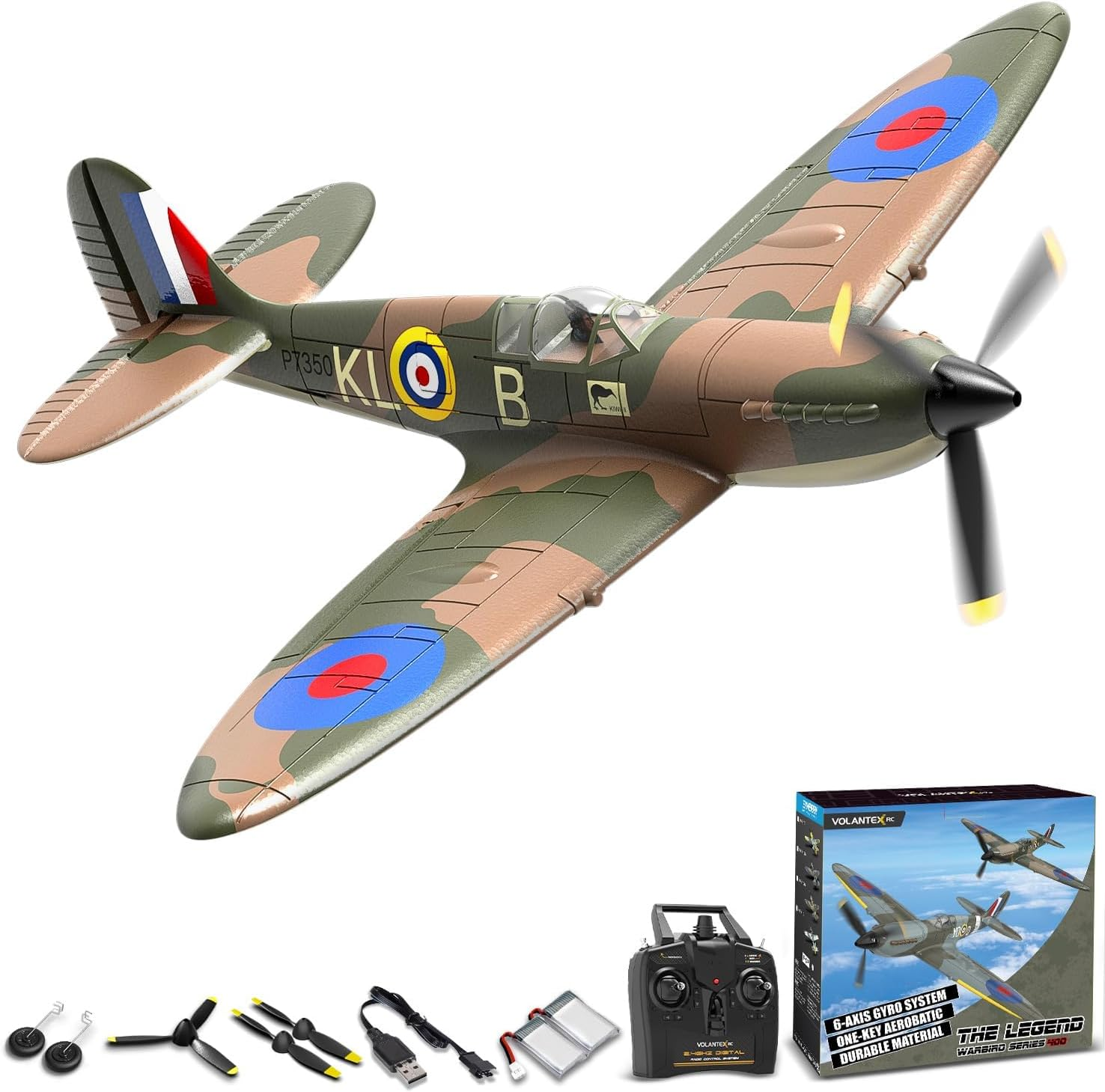 VOLANTEXRC RC Plane 4-CH Remote Control Plane Ready to Fly Spitfire Remote Control Plane for Beginners with Xpilot Stabilization System, One Key Aerobatic for Adults (761-12RTF)