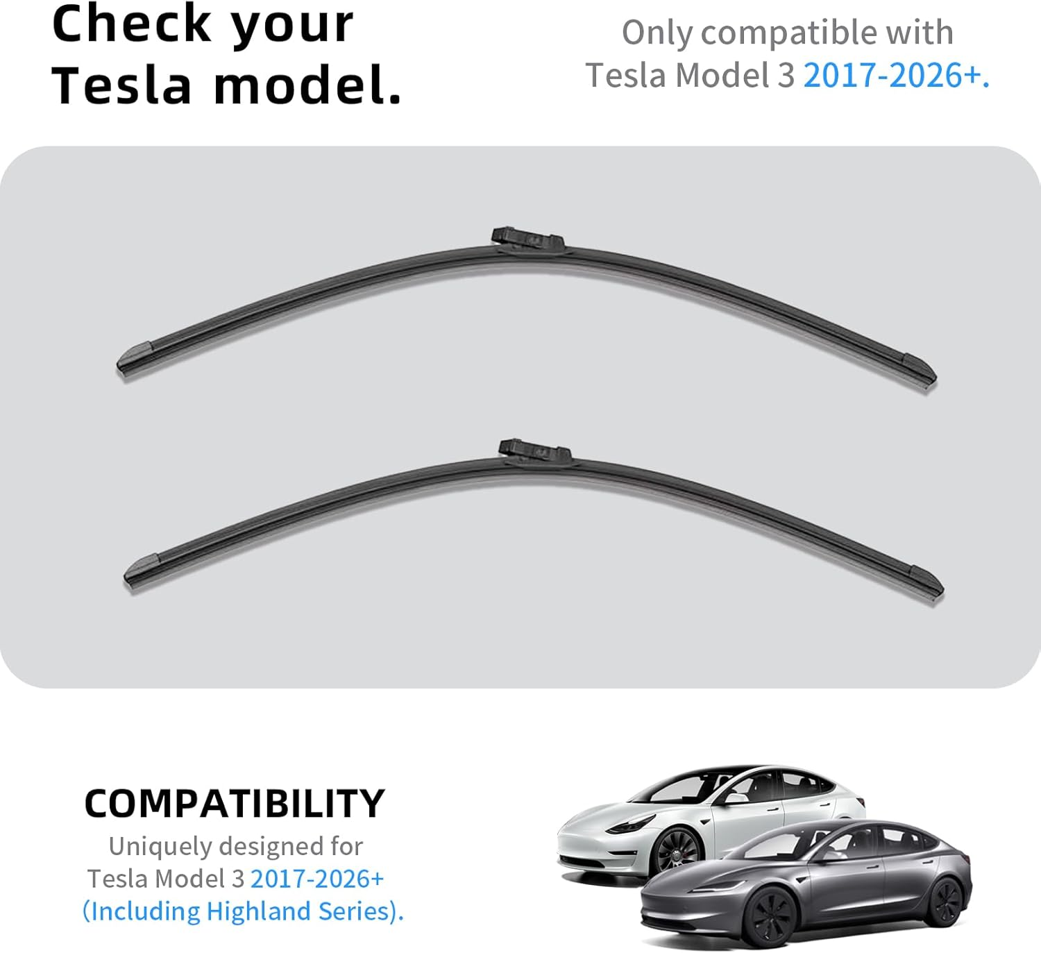 Silicone Windshield Wipers Replacement 26 and 19 Inch for Tesla Model 3 Wiper Blades Accessories 2017-2025 2026 Highland (Set of 2) Top Lock image number 4