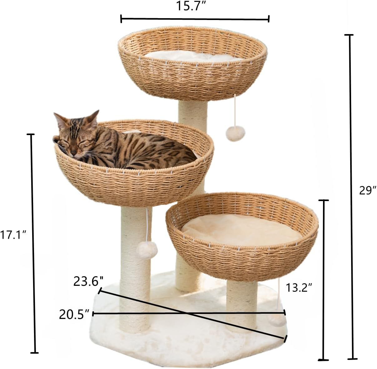 SHENGOCASE Cat Tree Tower with Rattan Wicker Basket, 3 Handwoven Large Nest Baskets Bed, Window Perch for Large Cats up to 20LBS image number 2
