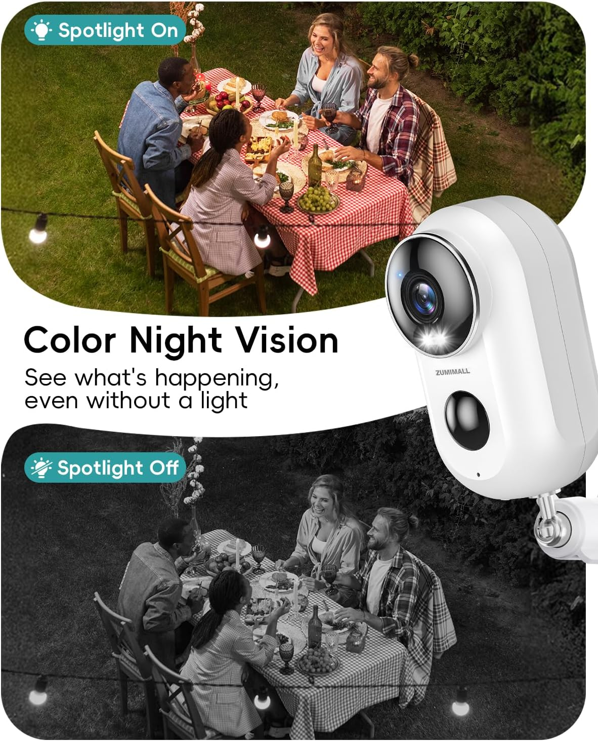 ZUMIMALL 2K Security Cameras Wireless Outdoor with Magnetic Mount, 3MP Outdoor Camera Wireless Battery Powered, 2.4G Wifi Cameras for Home Security Indoor, Color Night Vision/Siren/Pir/Ai/Alexa(White) - Black-Single Camera image number 2